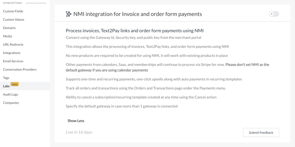 Screenshot of card under Settings, then Labs, where you can enable the new NMI payment integration to test it in your account.