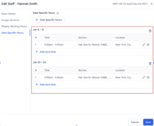 Screenshot of the screen where you can see multiple date-specific availabilities attached to a service calendar.