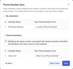 Screenshot of screen that will display to select how to map phone number fields if they are present in Calendly events.