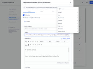 Screenshot of a calendar notification email editor screen, showing where Custom Values are available there.